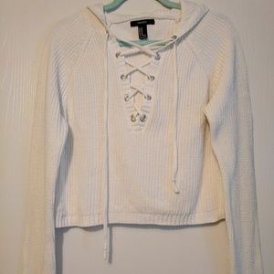 F21 white crochet lace up hooded sweater